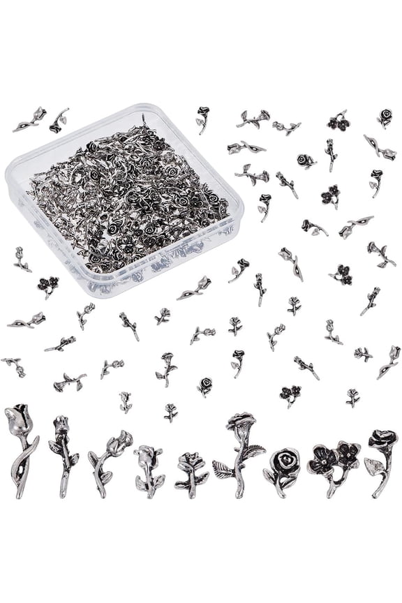 90Pcs 9 Styles Flower Themed Resin Fillers Alloy Rose Resin Filling Charms Antique Silver Filling Charms Nail Art Decoration Accessories for Earrings Necklage Pendant Jewelry Making grey