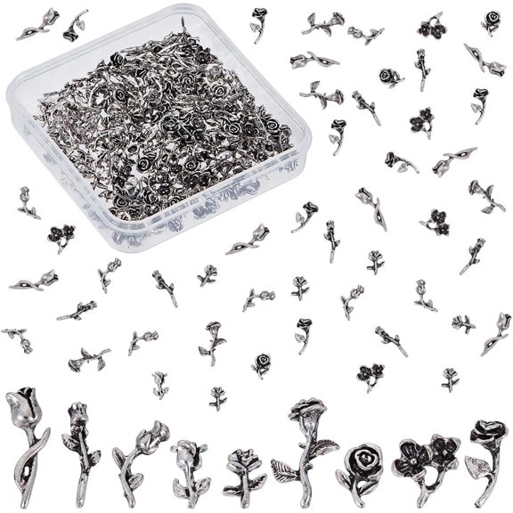 90Pcs 9 Styles Flower Themed Resin Fillers Alloy Rose Resin Filling Charms Silver Filling Charms Nail Art Decoration Accessories