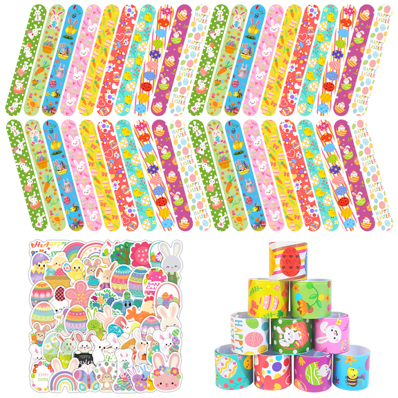 90Pcs Easter Party Favor Decorations Set, 50 Easter Bunny Egg Stickers & 40 Slap Bracelets, Spring Easter Party Supplies for Kids Egg Hunt, Easter Basket Stuffers & Holiday Favors