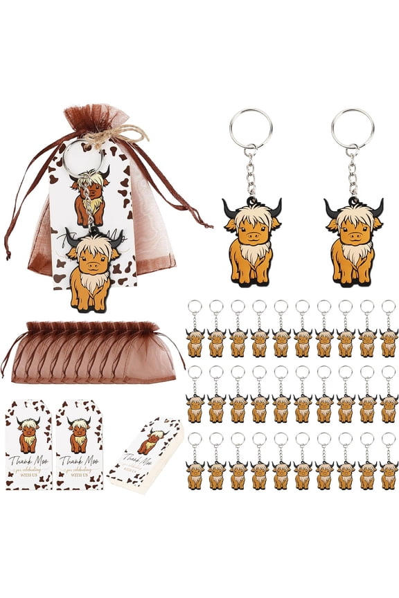 90Pcs Highland Cow Baby Shower Party Favors Boy, Highland Cow Keychain Thank Moo Gift Tags and Brown Organza Bags for Highland Cow Cattle Party Favors My First Rodeo Birthday Decorations