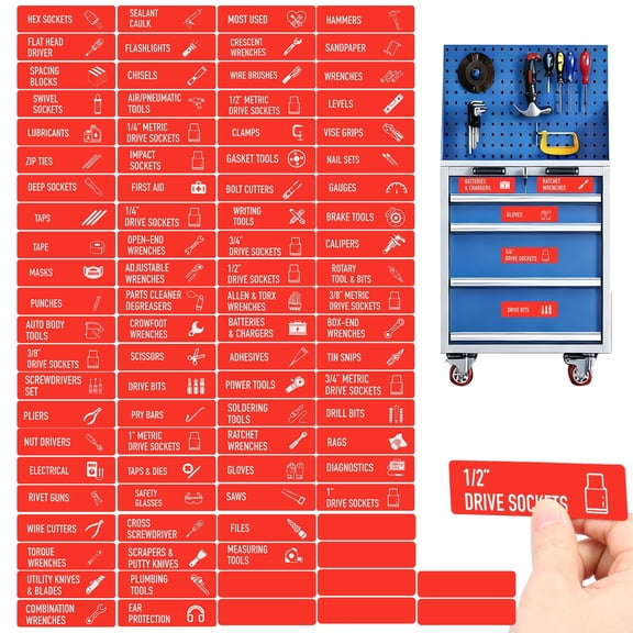 Magnetic Toolbox Labels, 90 Pcs Tool Chest Organizer Labels for Tool Box Drawer, Magnetic Labels for Toolbox with 7 Blank Tags for Garage Workshop Organization