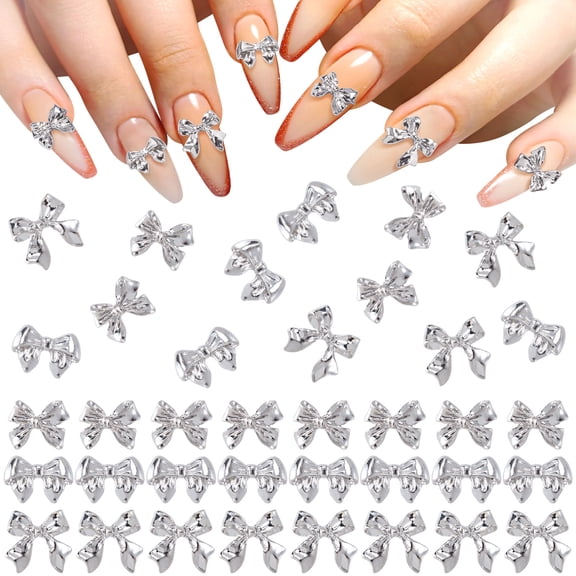 PATOPS 90Pcs Silver Bow Nail Charm 3 Styles Bowknot Wedding Prom DIY Decoration for Women Phone Case