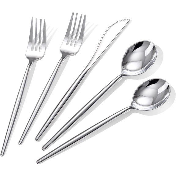 90Pcs Silver Plastic Silverware, Silver Plastic Utensils, Plastic Cutlery Include 30 Knives, 30 Forks and 30 Spoons, Silverware Heavy Duty For Party