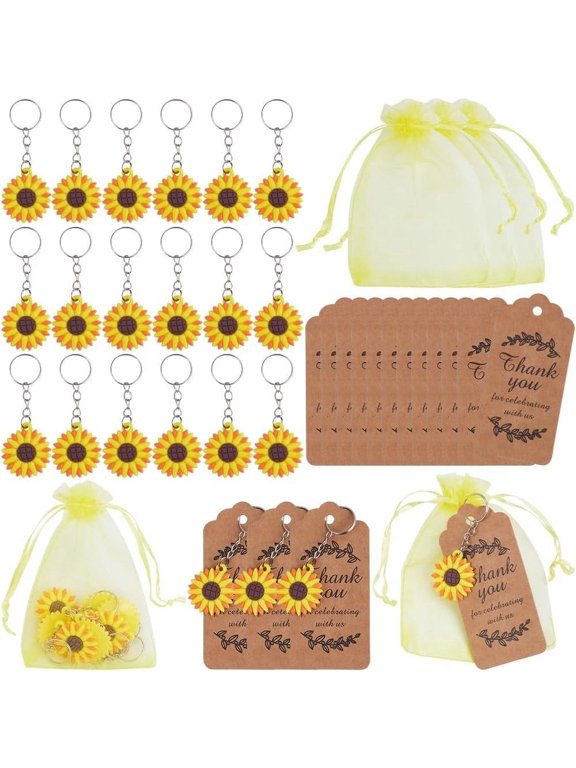 90Pcs Sunflower Keychain Set Sunflower Keychains Flower Keychain Party Favors with Thank You Kraft Tags Organza Bags Wedding Souvenirs for Guests Wedding Birthday Return Gift Supplies Mixed Color