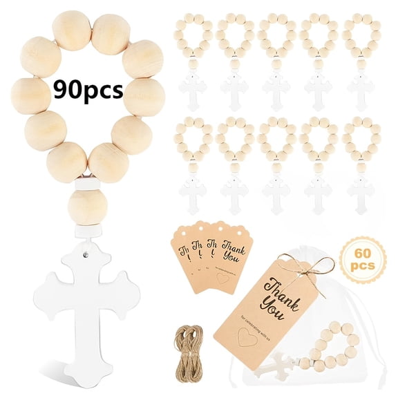 90Pcs Wooden Rosary Cross Baptism Favors For Guests, With Clear Organza Bags, Greeting Cards, Hemp Rope Bracelets, Suitable For Baptisms, First Communions, Confirmations, Bridal Showers, Baby Rosary
