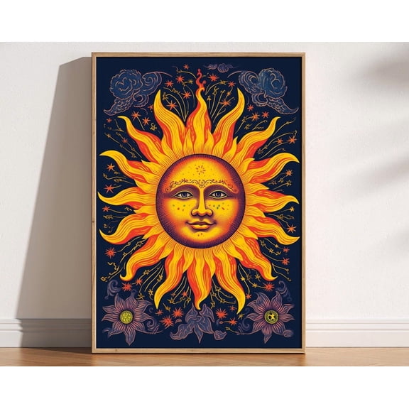 90S Celestial Sun Print, 90S Whimsigoth Celestial Magical Home Decor, Sunshine Poster, Blue And Yellow Celestial Art, Cosy Witchy Print Wall Art, Modern Wall Decor, 24x36 UNFRAMED