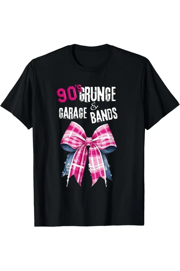 90S T S, Grunge & Garage Bands-Pink Plaid Bow Vintage Music T-Shirt Unisex S-5XL Hot Trending Shirt, Vintage Birthday Gift