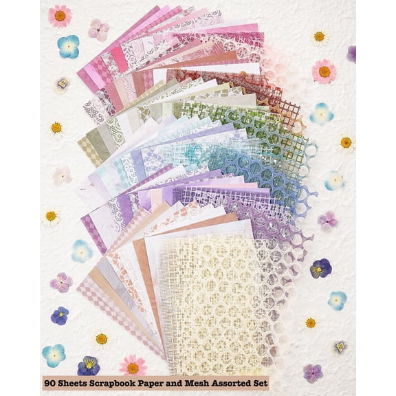 90Sheets Scrapbook Paper and Decorative Mesh Fabric Assorted Set Junk Journal