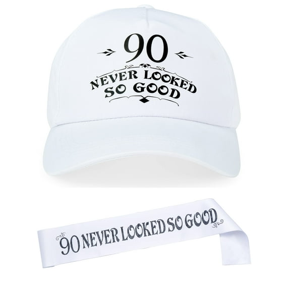 90Th Birthday Gifts For Men, 90Th Birthday Hat And Sash Men, 90 Never Looked So Good