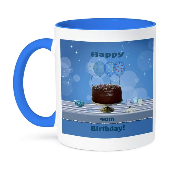 3dRose, 90th Birthday Party with Chocolate Cake and Blue Balloons, 15oz Two-Tone Blue Mug