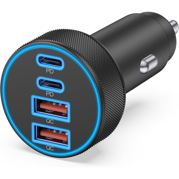 90W 4-in-1 USB C Car Charger, Super Fast Charging Cigarette Lighter Adapter with Dual 45W USB-C & Dual USB-A Ports, Multiport Phone Charger for iPhone 16e/16/15/14, iPad, Samsung Galaxy