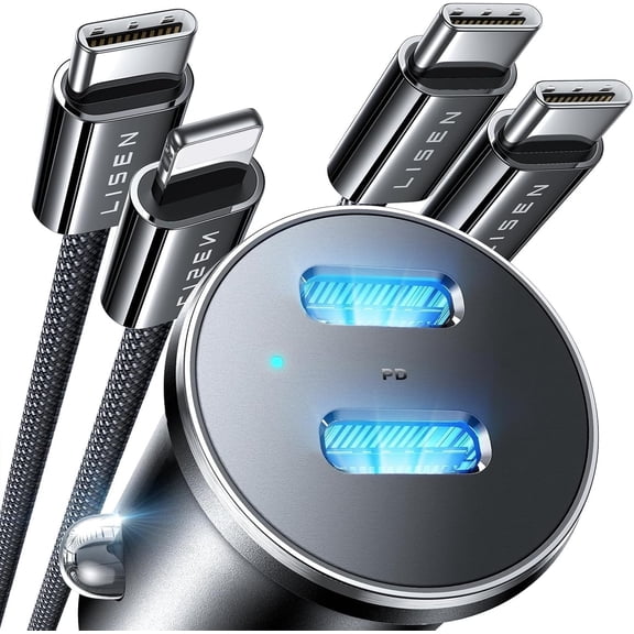 90W Car Charger USB C Fast Charge, USB C Car Charger Fast Charge, Type C Car Charger for iPhone 17 Pro Max 16 15 14 13 12 11, for Samsung S26 S25 S24 [with Lighning & USB-C Cable]