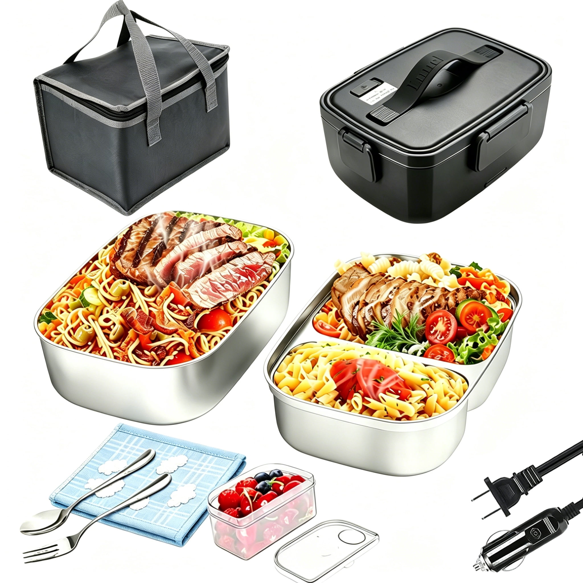 90W Car Electric Heating Lunch Box, 12V/24V/110V Portable Food Warmer, 304 Stainless Steel Inner Container, Ideal for Drivers & Office Workers, Suitable for Truck, Home and Office