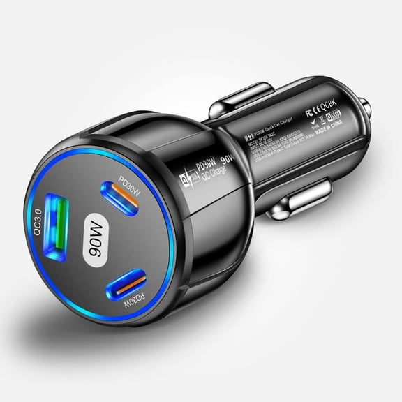 90W USB-C Car Charger, 3-Port Fast Charging Adapter, Dual USB-C & USB-A Ports, PD3.0 & QC3.0,Compatible with iPhone, iPad, MacBook, Galaxy, Pixel, Android Devices  Black