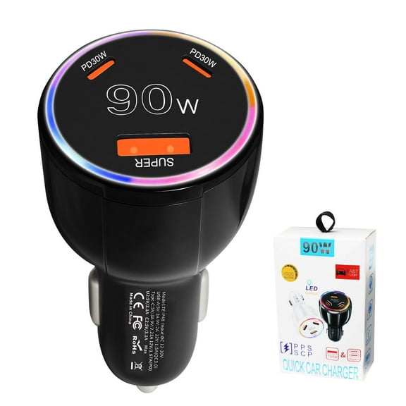 90W 3-Port Car Charger with Color Mood Light, Dual 30W USB-C Fast Charger & USB-A Adapter, 12V Cigarette Lighter Socket for Phones, Tablets, Laptops in All Vehicles
