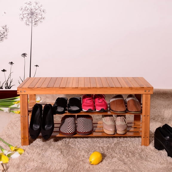 90cm 3-Tier Bamboo Shoe Rack with Stool - Strip Pattern, Wood Color