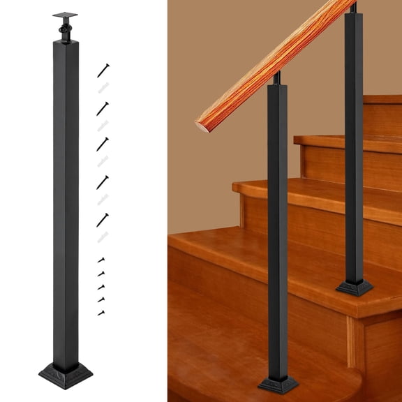 90cm/ 35.43in Height Stair Balusters Post, Black Square Metal Railing Spindles with Flat& Adjustable 270 Angle Bracket, Banister Column for Deck, Steps, Garden, Outdoor Stairs Remodeling
