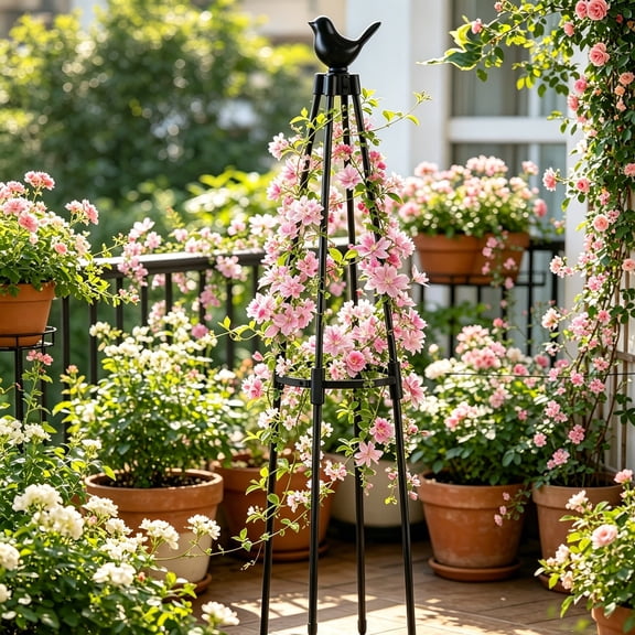 90cm Bird Design Trellis, Black Climbing Vine Support Frame, Assembled Weatherproof Flower Stand for Outdoor Garden Balcony