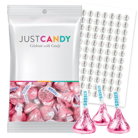 90ct Pink Foil Kisses Milk Chocolate Candy Plus Exclusive Free Kiss Stickers by Just Candy