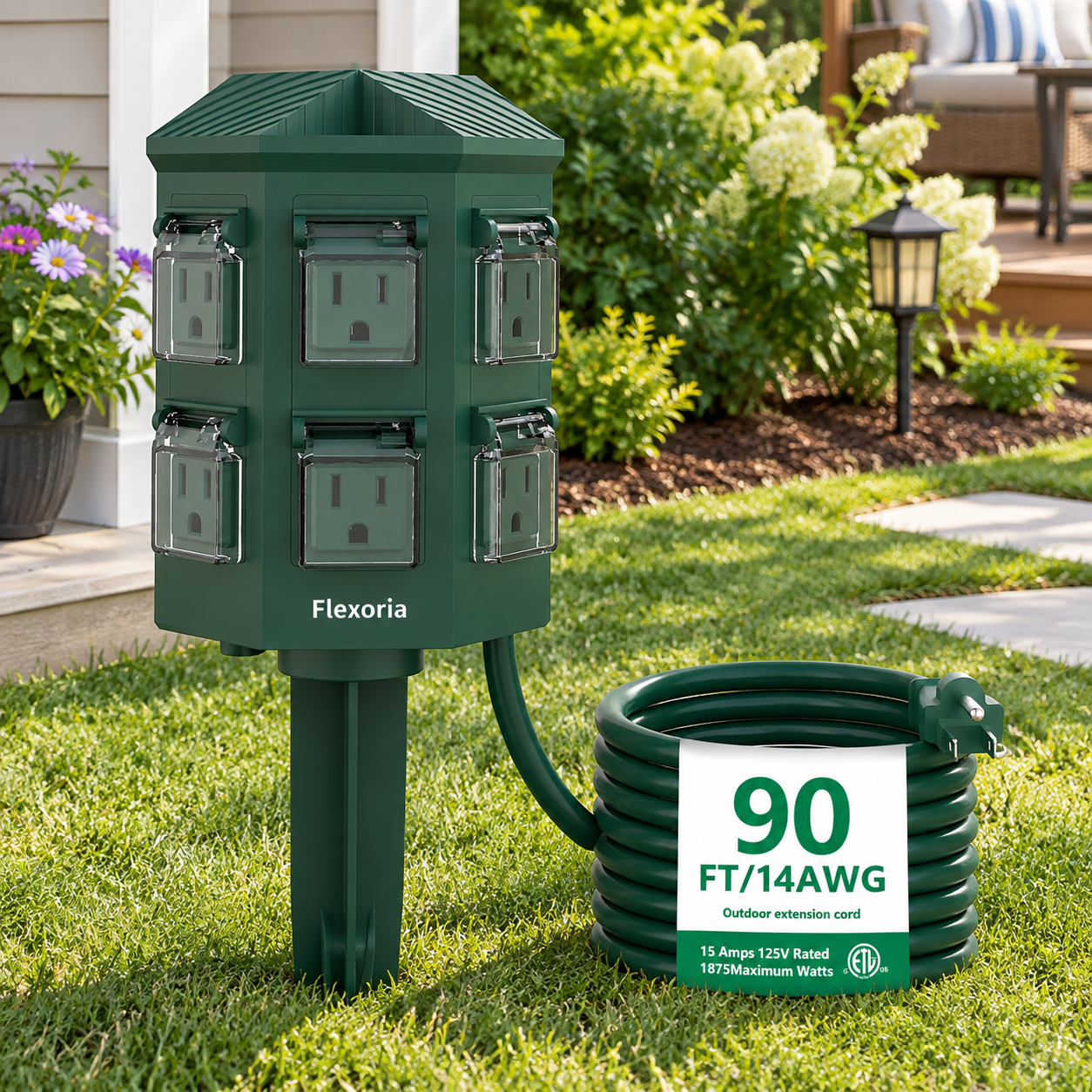 90ft Heavy Duty Outdoor Extension Cord with 6 Grounded Outlets, ETL ...