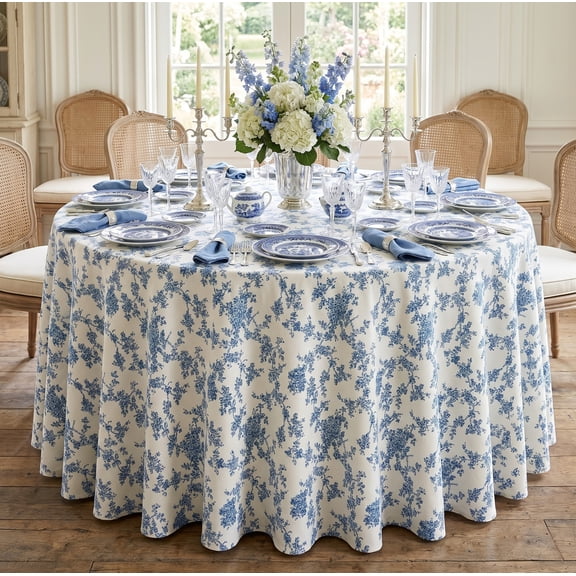 90in Round Dark Blue Floral Farmhouse Tablecloth for Dining Room