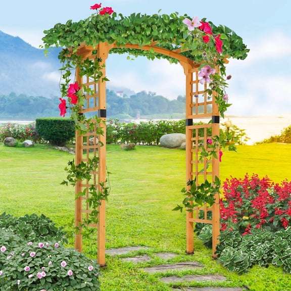 90in Wood Garden Arbor Arch with Trellis Wall for Climbing & Hanging Plants, Natural Fir Wood Archway for Weddings, Parties, Backyards