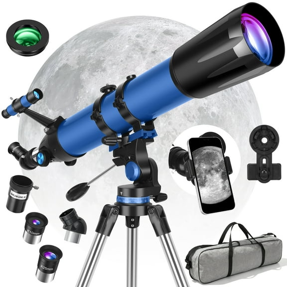90mm Aperture Telescope for Adults & Beginners, 800mm Focal Length High Powered Refractor Astronomy Telescope with Stainless Steel Tripod, Moon Filter & Carry Bag - Blue