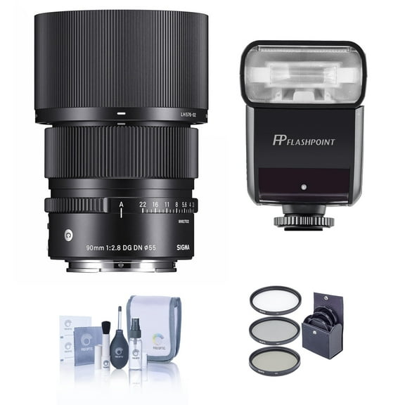 Sigma 90mm f/2.8 DG DN Contemporary Lens for L Mount, Bundle with Flashpoint Zoom-Mini TTL R2 Flash, Filter Kit, Cleaning Kit