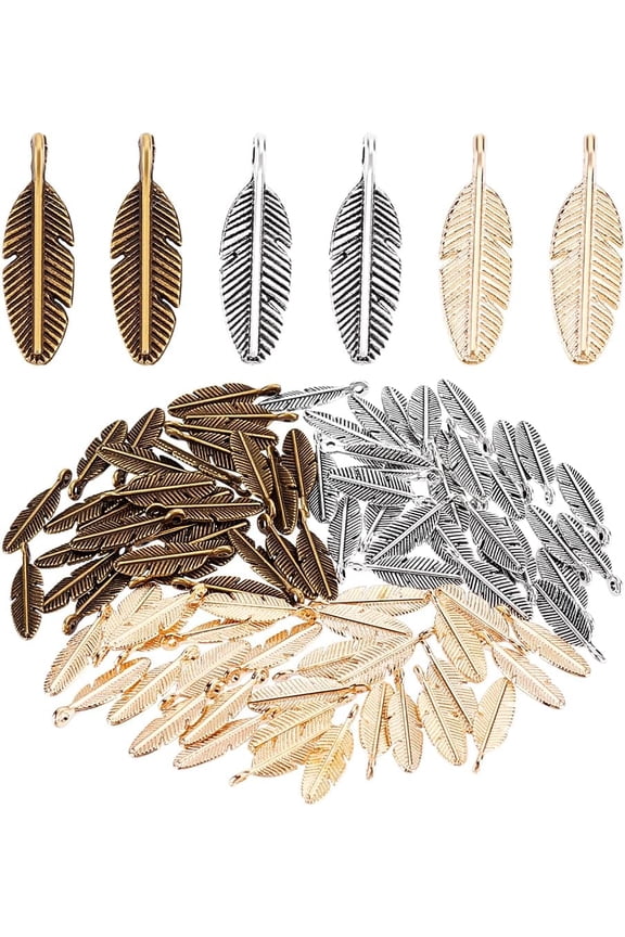 90pcs 3 Colors Feather Charms 20x6mm Feather Pendants Cute Vintage Pendants Tibetan Feather Dangle Charms Plumage Charm for DIY Earring Necklace Bracelet KeyChain Bookmark Jewelry Making