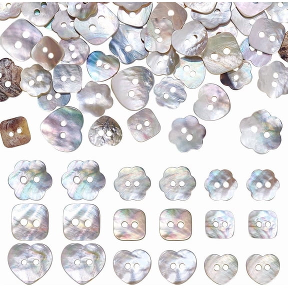 90pcs 3 Shapes Natural Shell Buttons 10~15mm Sewing Buttons 2-Hole Flower/Square/Heart Shell Button Craft Seashell Shirt Button for DIY