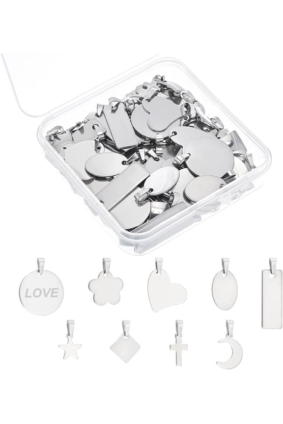 90pcs 9 Styles 304 Stainless Steel Mixed Shape Small Blank Stamping Tag Pendants with Snap on Bails Heart Star Blank Charms for Jewelry Making for making