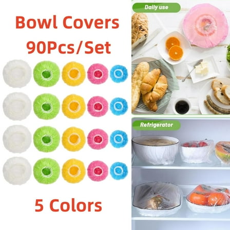 90pcs Bowl Covers,Reusable Elastic Food Bowl Storage Covers,Variety of 5 Translucent Stretchable Sizes and Colorful Dish Plate Covers,Alternative to foil,Plastic Wrap,BPA Free,DIY ,Springtok