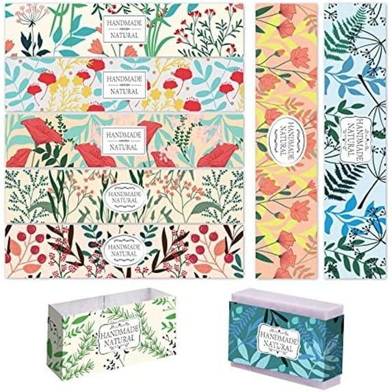 90pcs Flower Wrap Tape 9 Styles Cartoon Flower Leaves Soap Paper Labels Crafts Wrapper Sleeves Covers Vertical Tags Soap Paper Tape Band for Handmade Soap Lotion Bars Bath Gift Wrapping