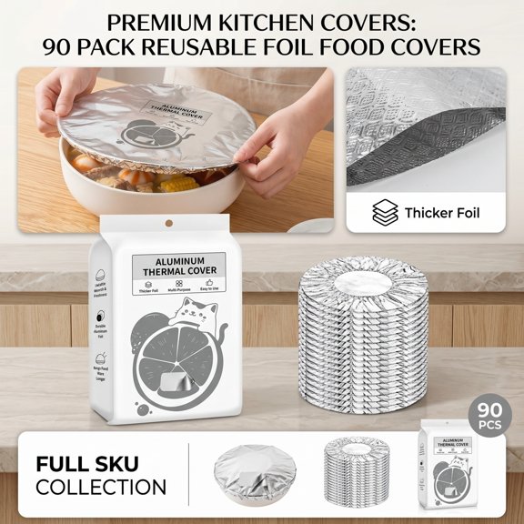 90pcs Reusable Aluminum Foil Heat Lid, Kitchen Insulation Cover, Fruit Cling Wrap, Aluminum Foil Food Wrap