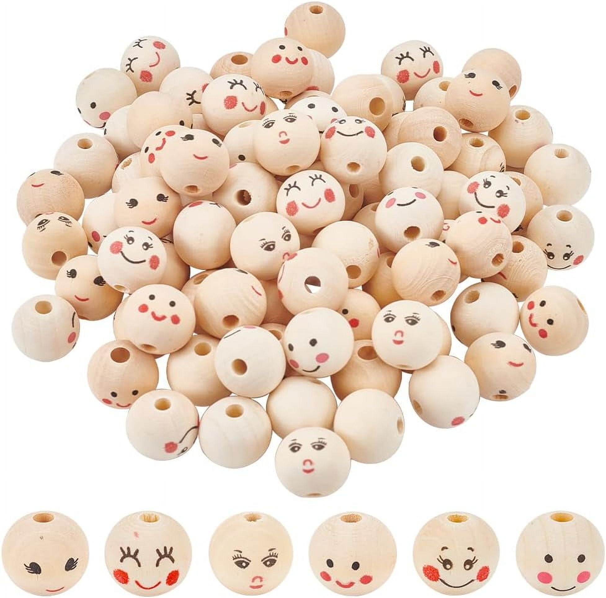 90pcs Smile Face Wooden Beads 6 Styles 20mm Natural Wood Beads Loose Beads Head Beads Spacer Beads for DIY Key Chain Bracelet Necklace Jewelry Macrame Hair Crafts, Hole 4.7mm