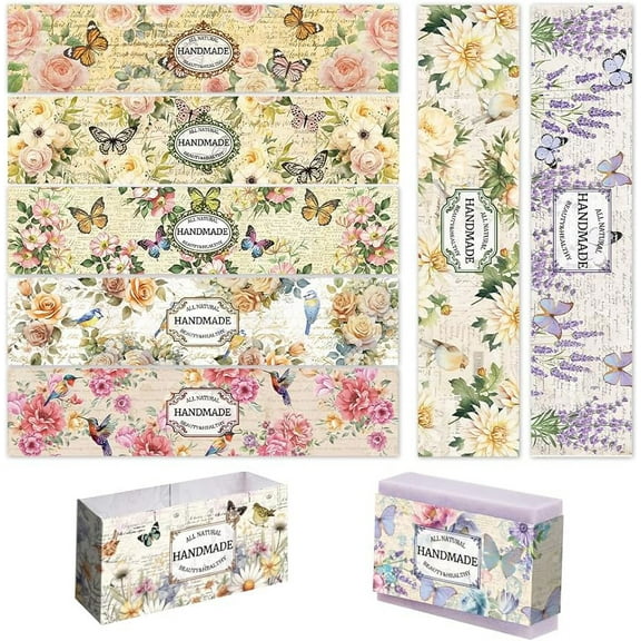 90pcs Vintage Plant Wrapper Tape 9Styles Flower Soap Packaging Paper Vertical Soap Paper Tag Soap Sleeves Covers