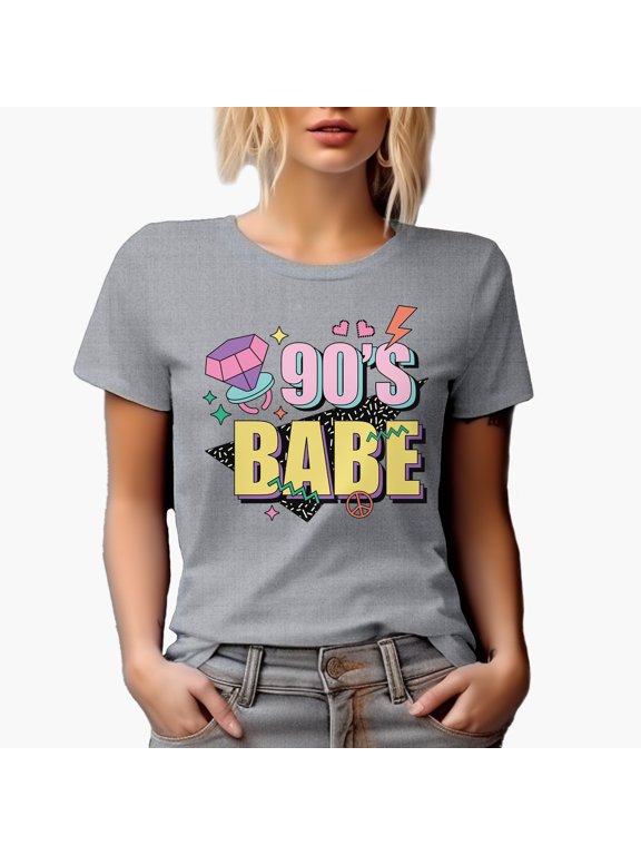 90s Babe, Artsy Retro & Millennial Themed Merch Gift, Heather Grey T-Shirt, Large