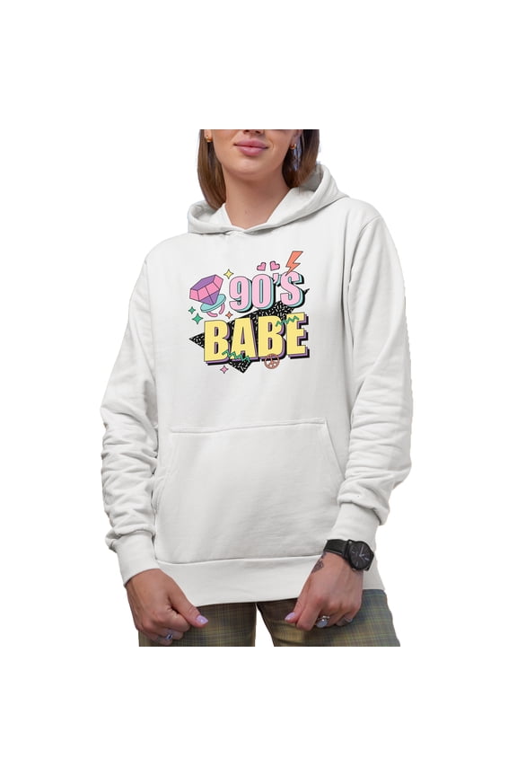 90s Babe, Artsy Retro & Millennial Themed Merch Gift, White Hooded Sweatshirt or Hoodie, 2XL