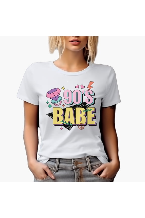 90s Babe, Artsy Retro & Millennial Themed Merch Gift, White T-Shirt, Large