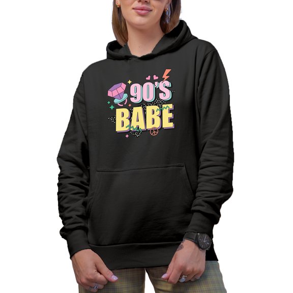 90s Babe, Retro Geometric Art, Black Hooded Sweatshirt or Hoodie, Small