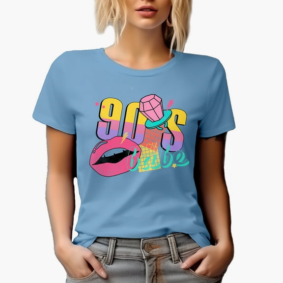 90s Babe, Retro Millennial Art Merch Gift, Baby Blue T-Shirt, Large