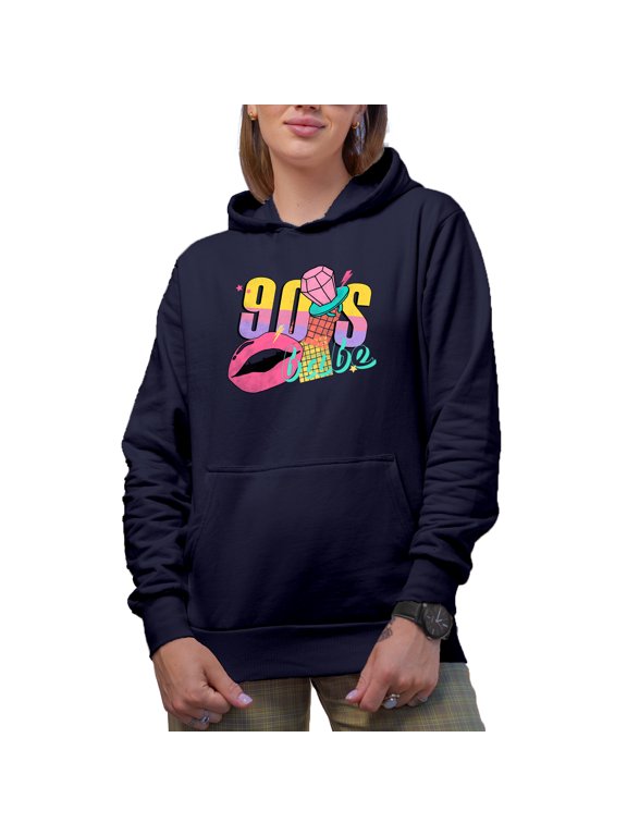 90s Babe with Diamond Ring, Retro Millennial Art Merch Gift, Navy Blue Hooded Sweatshirt or Hoodie, Small