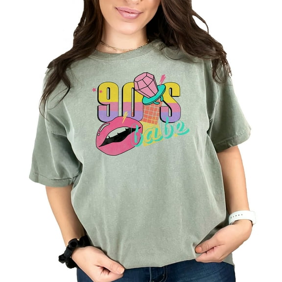 90s Babe with Diamond Ring, Retro Millennial Art Merch, Moss Comfort Colors T-Shirt, Large