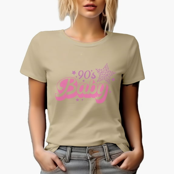 90s Baby with Star, Girly Art, Millennial Merch Gift, Tan T-Shirt, Large
