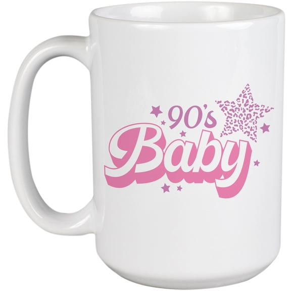 90s Baby with Star, Girly Art, Millennial Merch Gift, White 15oz Ceramic Mug