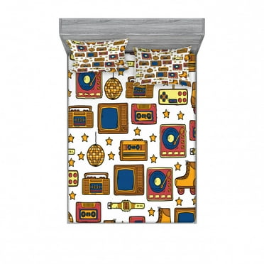 90s Bedding Set with Sheet & Covers, 90s Theme with Old Style Recorder Stereo Television Roller Skate Shoes Electronic Watch, Printed Bedroom Decor 2 Shams, 4 Sizes, Mustard, by Ambesonne