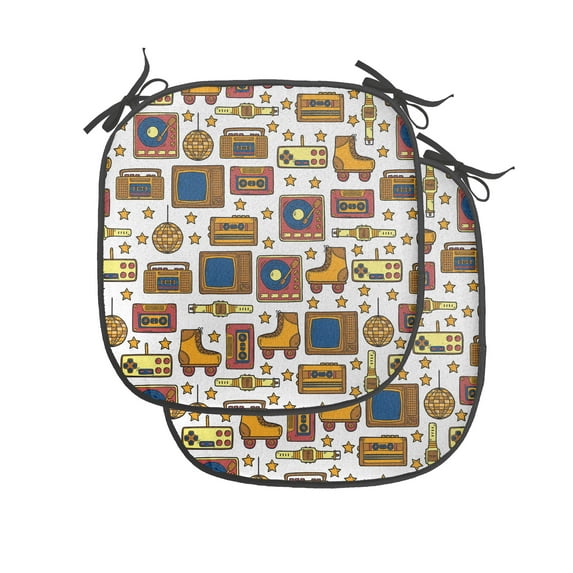 90s Chair Seating Cushion Set of 4, 90s Theme with Old Style House Devices Roller Skate Shoes Fun Dance Style Retro Pattern, Seat Pads for Office with Anti-slip Backing, 16"x16", Mustard, by Ambesonne