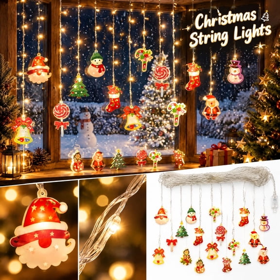90s Christmas String Lights, 16.4 ft Plug in Curtain Lights with Cute Pendants for Window Yard Decor