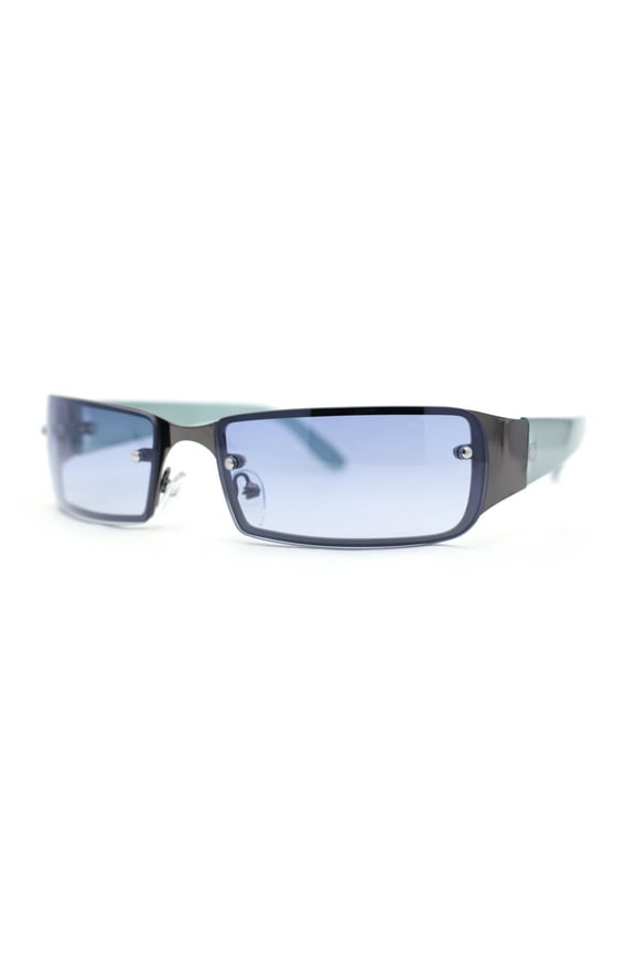 90s Classic Narrow Rectangle Designer Rimless Luxury Fashion Sunglasses Gunmetal Blue - Blue