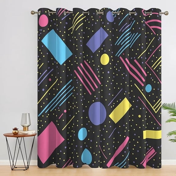 90s Curtains For Bedroom, Retro Geometric Window Curtains, Vintage Geometric Colorful Home Decor Drapes, Black Out Curtains 26"W x 63"L (Pack of 2)